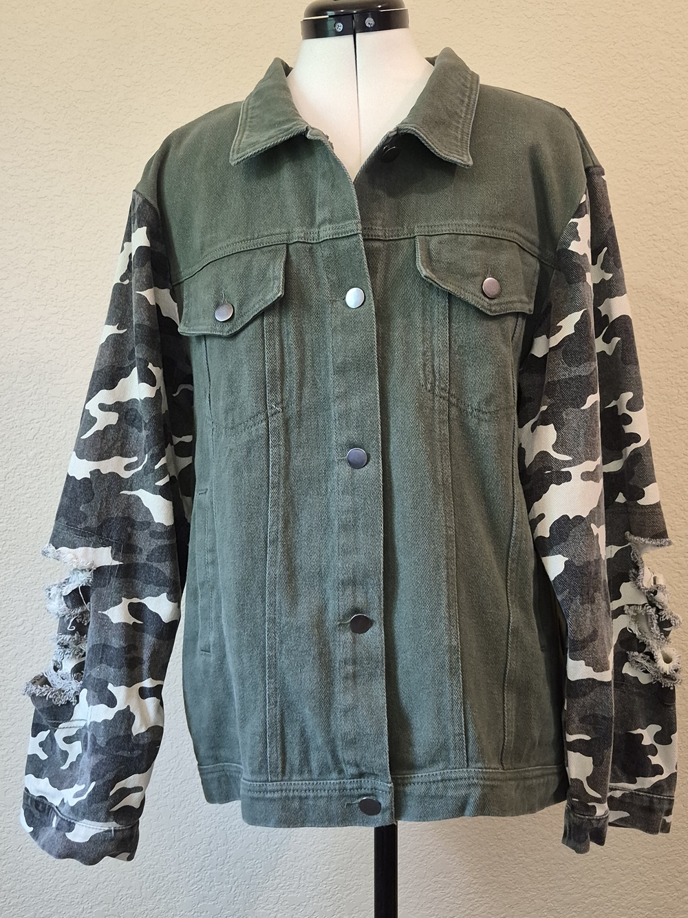 BiBi Olive Green Denim Jacket with Camo Sleeves